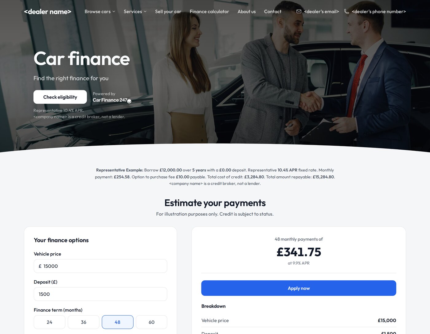 A finance calculator page showing the representative example, the credit broker disclosure and a monthly payment estimate