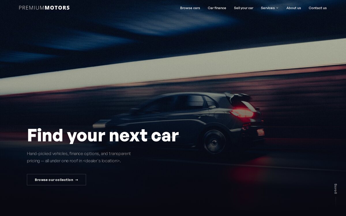 A premium dealer template homepage shown on desktop