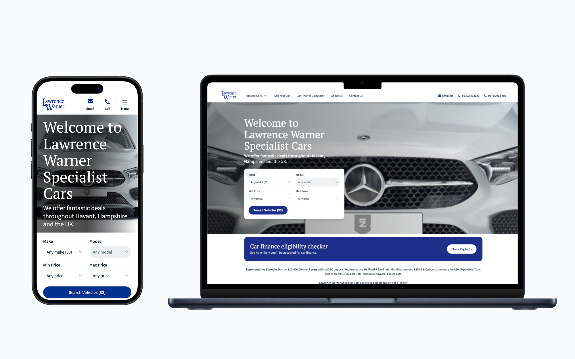 Lawrence Warner Specialist Cars, the one live real-brand site, shown on desktop and mobile with its finance eligibility checker and representative example