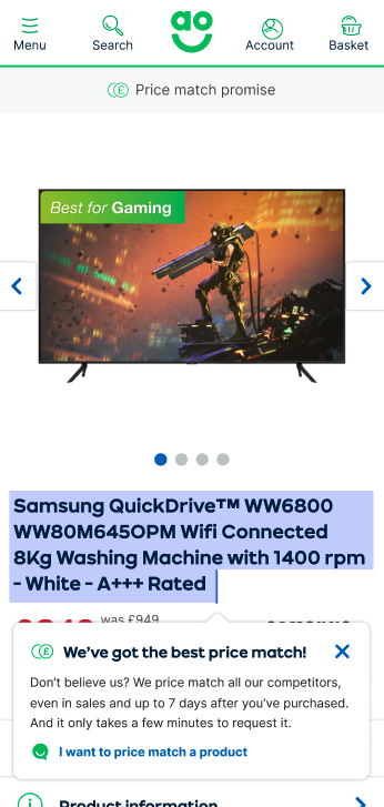 Showing the price match promise when customers compare prices