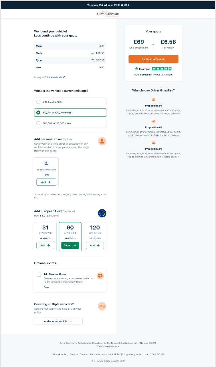 Desktop quote flow with sticky price column