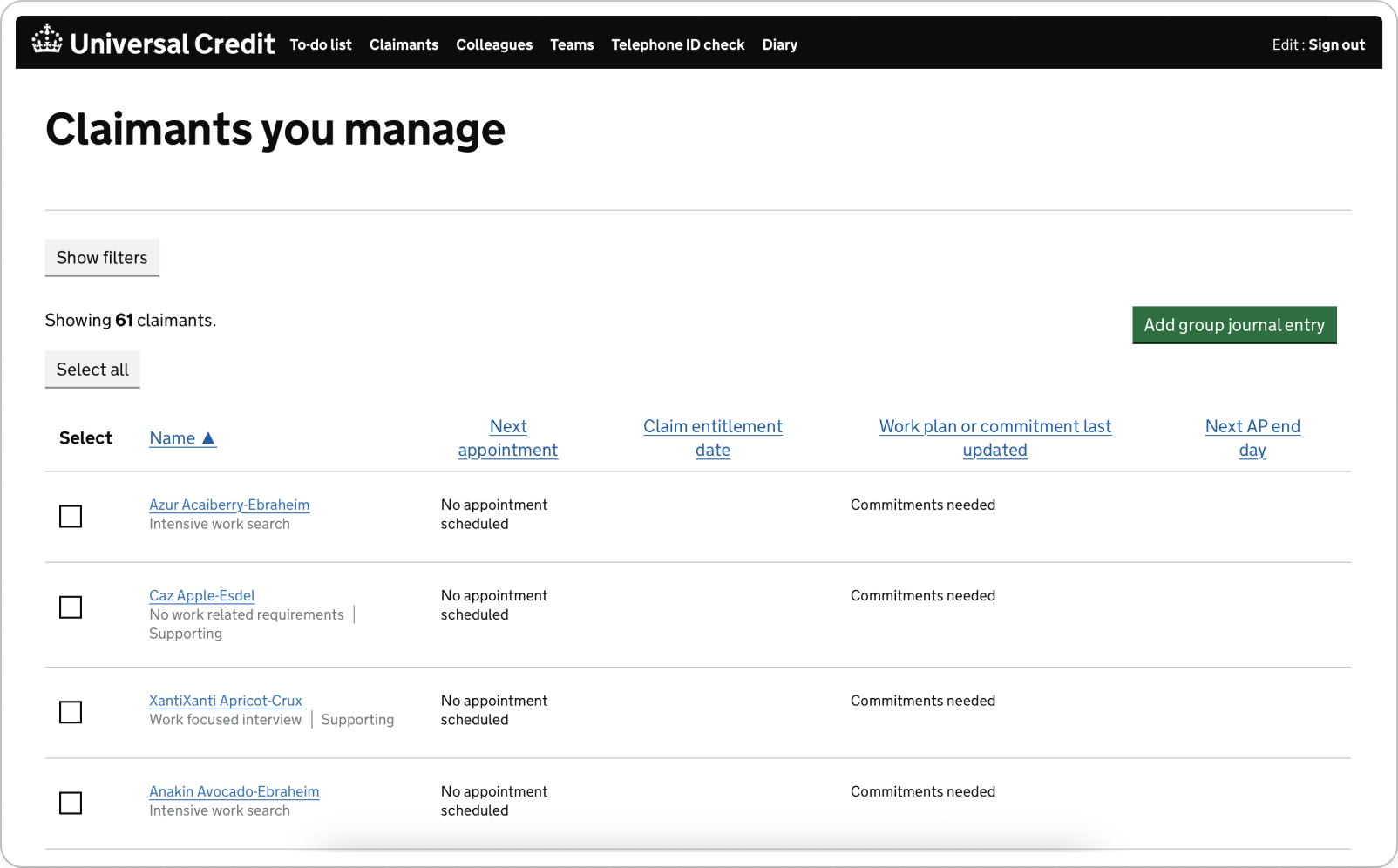 List view of all claimants a work coach manages